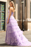 Purple Strapless Tiered A-Line Corset Sequin Long Prom Dress with Slit