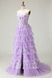 Sparkly Purple A-Line Strapless Corset Tiered Appliqued Long Prom Dress with Slit