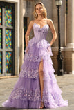 Purple Strapless Tiered A-Line Corset Sequin Long Prom Dress with Slit