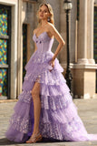 Purple Strapless Tiered A-Line Corset Sequin Long Prom Dress with Slit