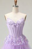 Sparkly Purple A-Line Strapless Corset Tiered Appliqued Long Prom Dress with Slit