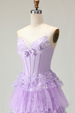 Sparkly Purple A-Line Strapless Corset Tiered Appliqued Long Prom Dress with Slit