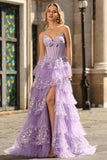 Purple Strapless Tiered A-Line Corset Sequin Long Prom Dress with Slit