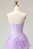 Sparkly Purple A-Line Strapless Corset Tiered Appliqued Long Prom Dress with Slit