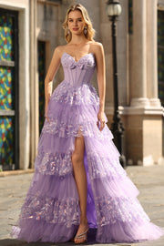 Purple Strapless Tiered A-Line Corset Sequin Long Prom Dress with Slit