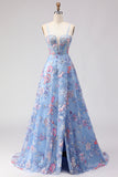 Blue Floral A Line Corset Appliqued Long Prom Dress with Slit