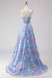 Blue Floral A Line Corset Appliqued Long Prom Dress with Slit