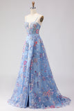 Blue Floral A Line Corset Appliqued Long Prom Dress with Slit