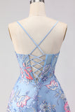 Blue Floral A Line Corset Appliqued Long Prom Dress with Slit
