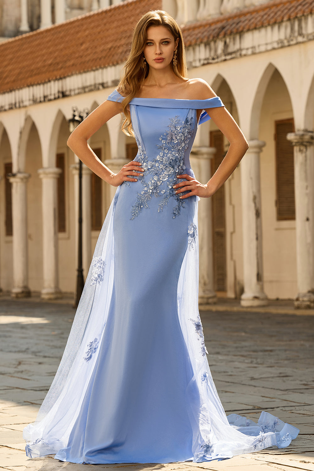 Champagne Mermaid Off the Shoulder Appliqued Mother Of The Bride Dress with Sequins