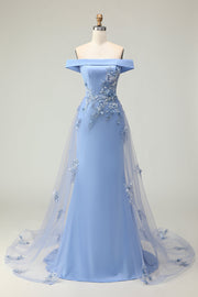 Grey Blue Mermaid Off the Shoulder Appliqued Mother Of The Bride Dress with Sequins