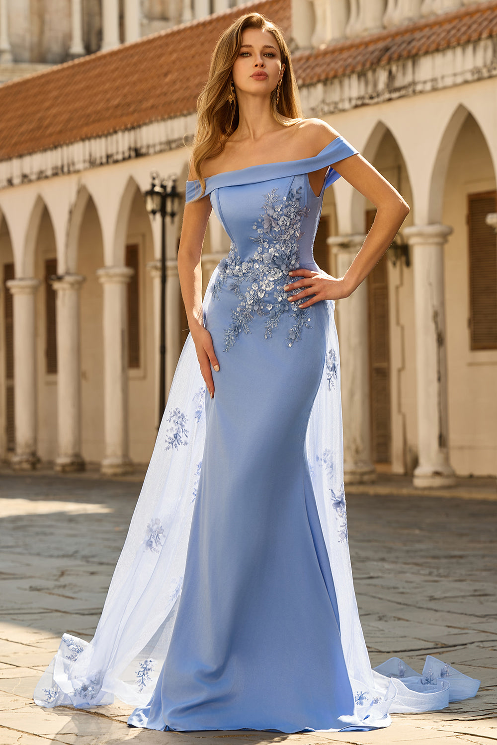 WEDTREND Women Grey Blue Mother of the Bride Dress Mermaid Off the Shoulder Appliqued Long Wedding Guest Dress with Sequins, Grey Blue / US2