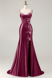 Burgundy Mermaid Beaded Satin Long Prom Dress with Slit