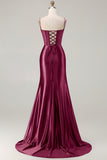 Burgundy Mermaid Beaded Satin Long Prom Dress with Slit