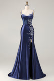 Navy Mermaid Beaded Satin Long Prom Dress with Slit
