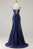 Navy Mermaid Beaded Satin Long Prom Dress with Slit