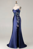 Navy Mermaid Beaded Satin Long Prom Dress with Slit