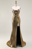 Metallic Dark Golden Mermaid Strapless Cut Out Long Prom Dress with Slit