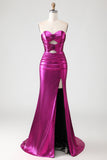 Metallic Fuchsia Strapless Mermaid Cut Out Lace Up Back Long Prom Dress with Slit