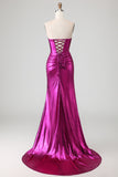 Metallic Fuchsia Strapless Mermaid Cut Out Lace Up Back Long Prom Dress with Slit