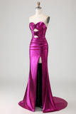 Metallic Fuchsia Strapless Mermaid Cut Out Lace Up Back Long Prom Dress with Slit