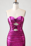 Metallic Fuchsia Strapless Mermaid Cut Out Lace Up Back Long Prom Dress with Slit
