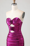 Metallic Fuchsia Strapless Mermaid Cut Out Lace Up Back Long Prom Dress with Slit
