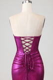 Metallic Fuchsia Strapless Mermaid Cut Out Lace Up Back Long Prom Dress with Slit