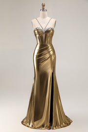 Metallic Golden Mermaid Rhinestone Pleated Corset Long Prom Dress with Slit