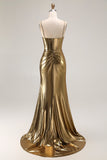 Metallic Golden Mermaid Corset Rhinestone Pleated Long Prom Dress with Slit