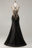 Black Mermaid Embroidered Beaded Lace Up Back Long Prom Dress with Slit