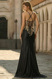Black Mermaid Embroidered Beaded Lace Up Back Long Prom Dress with Slit