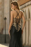 Black Mermaid Embroidered Beaded Lace Up Back Long Prom Dress with Slit