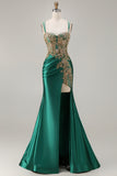 Dark Green Mermaid Embroidered Beaded Long Prom Dress with Slit