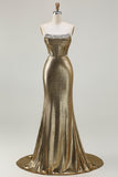 Metallic Dark Golden Strapless Mermaid Corset Long Prom Dress with Rhinestones