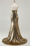Metallic Dark Golden Strapless Mermaid Corset Long Prom Dress with Rhinestones