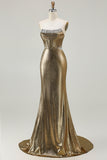 Metallic Dark Golden Strapless Mermaid Corset Long Prom Dress with Rhinestones