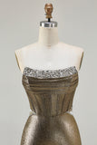 Metallic Dark Golden Strapless Mermaid Corset Long Prom Dress with Rhinestones