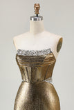 Metallic Dark Golden Strapless Mermaid Corset Long Prom Dress with Rhinestones
