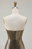 Metallic Dark Golden Strapless Mermaid Corset Long Prom Dress with Rhinestones