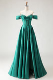 Dark Green Off the Shoulder A Line Beaded Corset Long Prom Dress with Slit