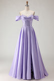 Purple Off the Shoulder A Line Beaded Corset Long Prom Dress with Slit