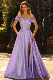 Off the Shoulder Purple A Line Beaded Corset Long Prom Dress with Slit