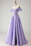 Purple Off the Shoulder A Line Beaded Corset Long Prom Dress with Slit