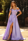 Off the Shoulder Purple A Line Beaded Corset Long Prom Dress with Slit