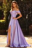 Off the Shoulder Purple A Line Beaded Corset Long Prom Dress with Slit
