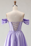 Purple Off the Shoulder A Line Beaded Corset Long Prom Dress with Slit