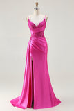 Fuchsia Mermaid Spaghetti Straps Beaded Streamer Ruched Long Prom Dress with Slit