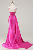 Fuchsia Mermaid Spaghetti Straps Beaded Streamer Ruched Long Prom Dress with Slit