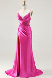 Fuchsia Mermaid Spaghetti Straps Beaded Streamer Ruched Long Prom Dress with Slit
